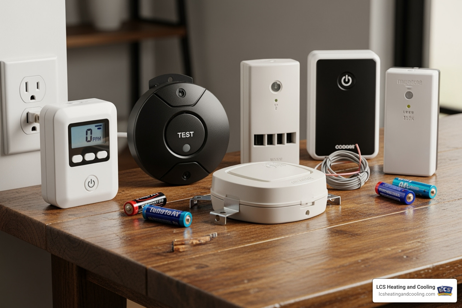 different types of CO detectors (plug-in, battery, hardwired) on a table - carbon monoxide detector