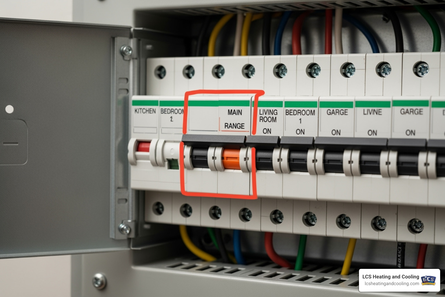 a circuit breaker panel with one breaker highlighted - AC not turning on