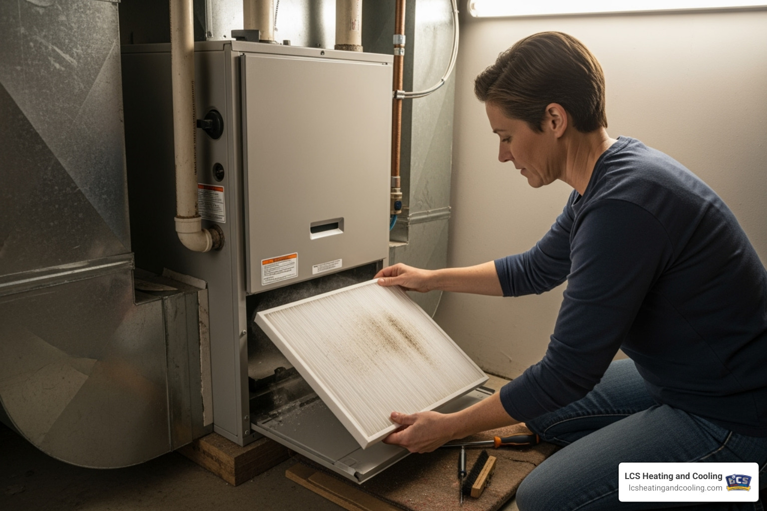 Homeowner changing a furnace air filter - hvac repair indianapolis