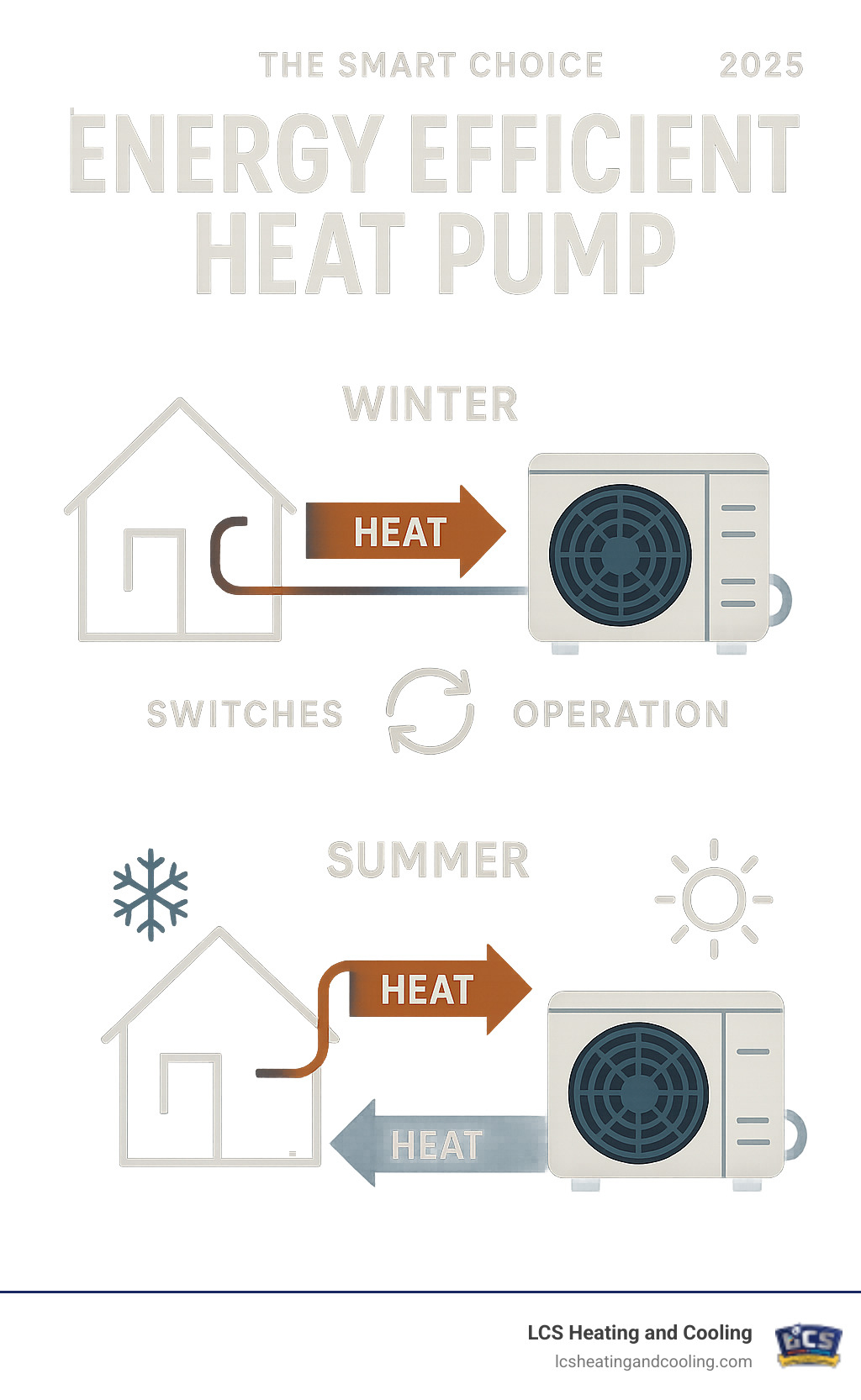 Infographic showing a heat pump's dual operation: in winter mode, the unit extracts heat from cold outdoor air and moves it inside the home through refrigerant lines, while in summer mode, it reverses to pull heat from inside and expel it outdoors, with arrows indicating heat flow direction and seasonal operation switching - energy efficient heat pump infographic 