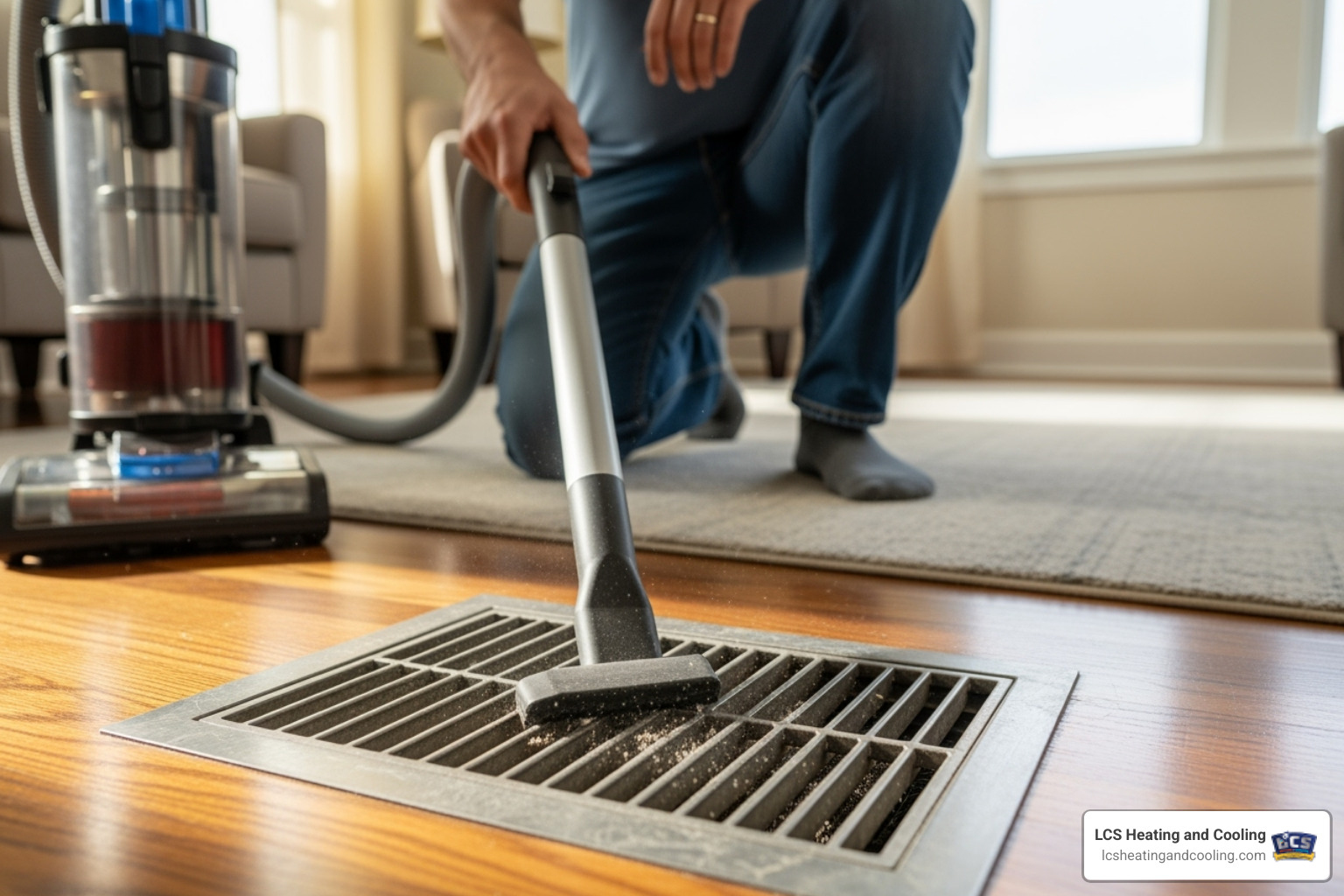 homeowner vacuuming a vent cover - clean heating ducts