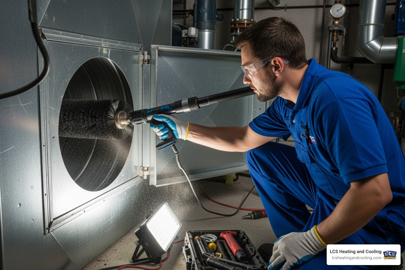 professional technician using a rotary brush inside a duct - clean heating ducts
