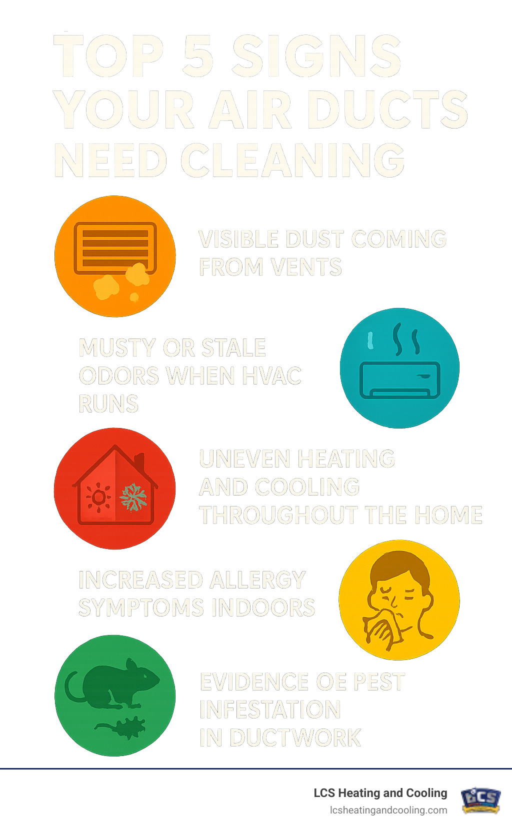Infographic showing the top 5 signs your air ducts need cleaning: visible dust coming from vents, musty or stale odors when HVAC runs, uneven heating and cooling throughout the home, increased allergy symptoms indoors, and evidence of pest infestation in ductwork - clean heating ducts infographic 