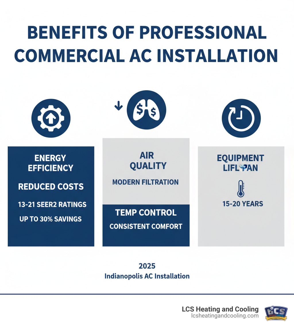 Infographic showing benefits of professional commercial AC installation including improved energy efficiency ratings from 13-21 SEER2, reduced operating costs up to 30% compared to older systems, improved indoor air quality through modern filtration, consistent temperature control throughout commercial spaces, and extended equipment lifespan of 15-20 years with proper maintenance - ac installation indianapolis infographic Infographic showing benefits of professional commercial AC installation including improved energy efficiency ratings from 13-21 SEER2, reduced operating costs up to 30% compared to older systems, improved indoor air quality through modern filtration, consistent temperature control throughout commercial spaces, and extended equipment lifespan of 15-20 years with proper maintenance - ac installation indianapolis infographic