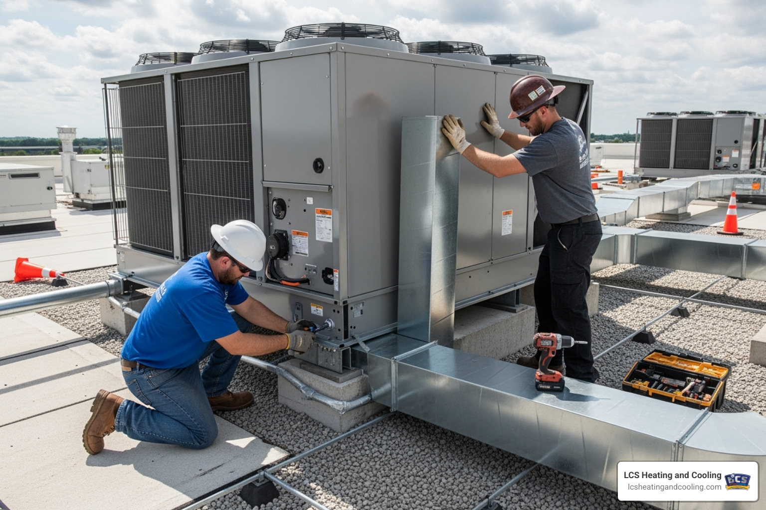 technicians installing a commercial AC unit - ac installation indianapolis technicians installing a commercial AC unit - ac installation indianapolis