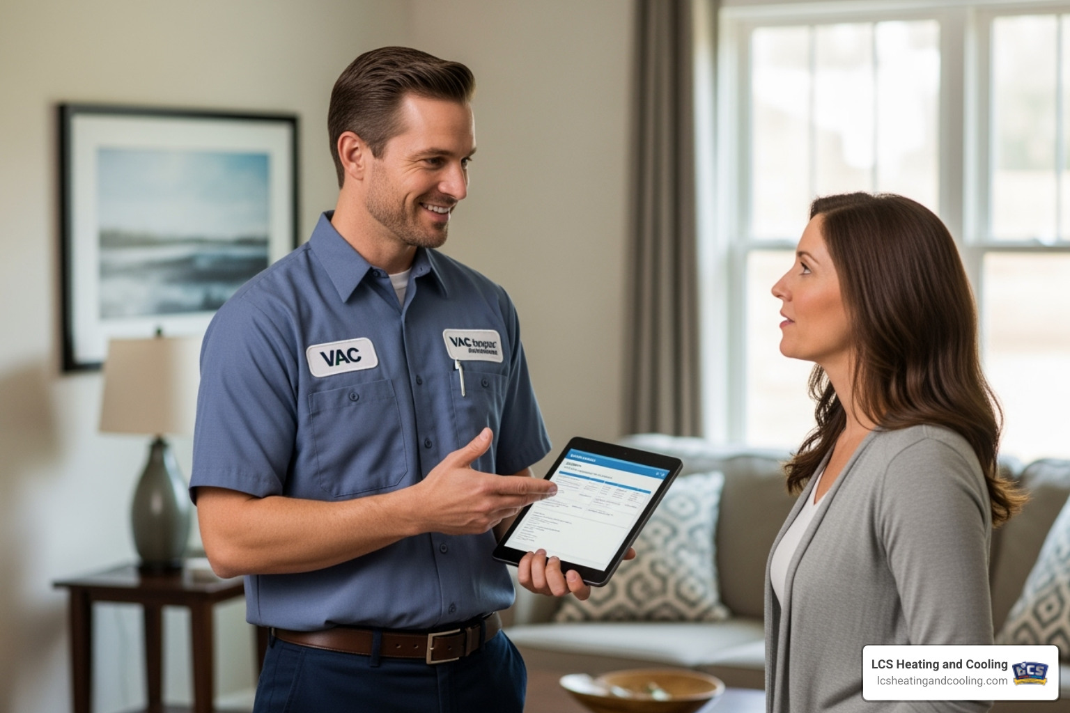 a friendly technician talking with a homeowner - ac maintenance indianapolis