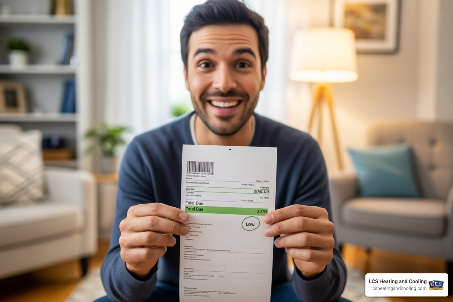 a smiling homeowner looking at a lower utility bill - ac maintenance indianapolis
