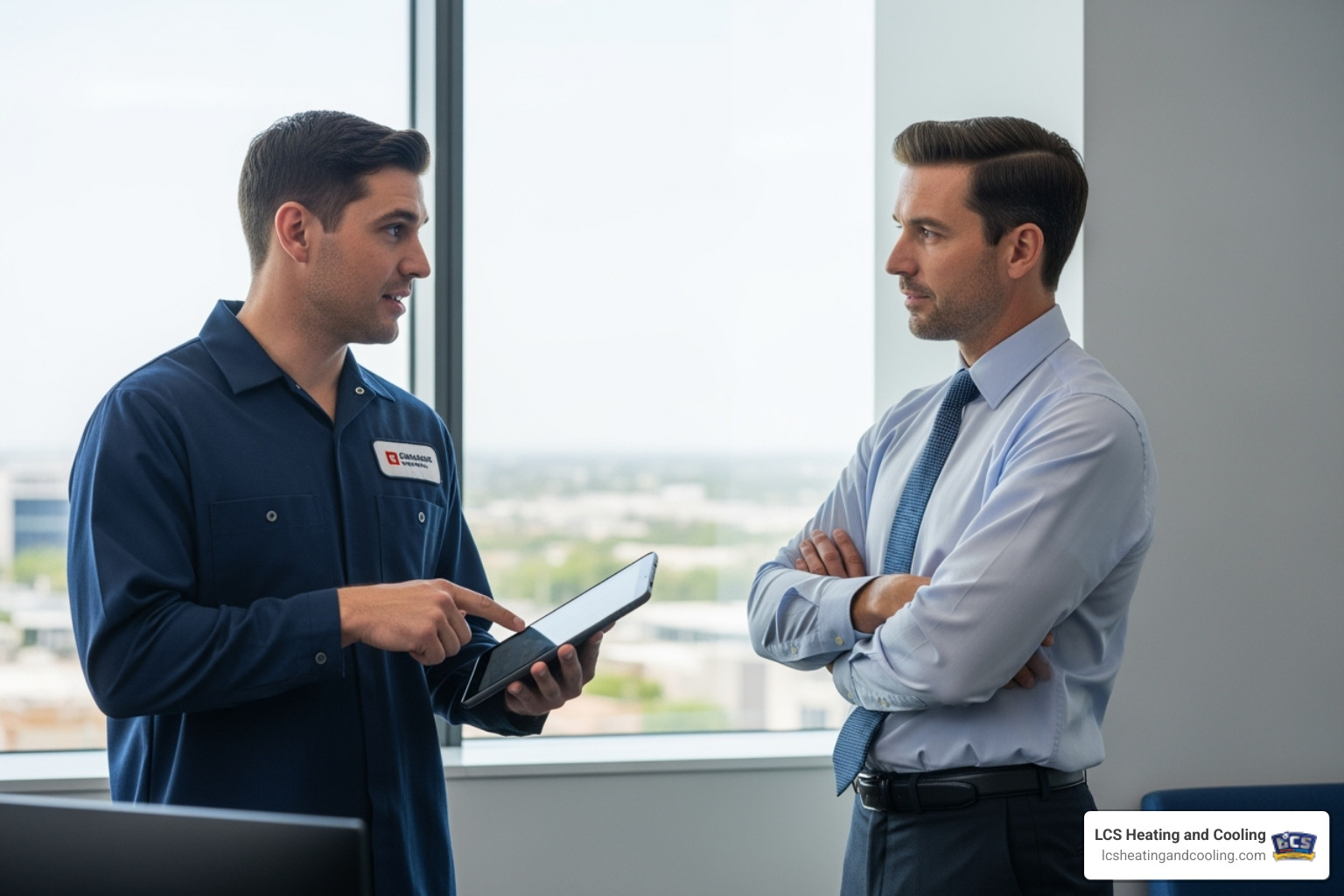 professional HVAC technician speaking with business manager - commercial ac repair indianapolis