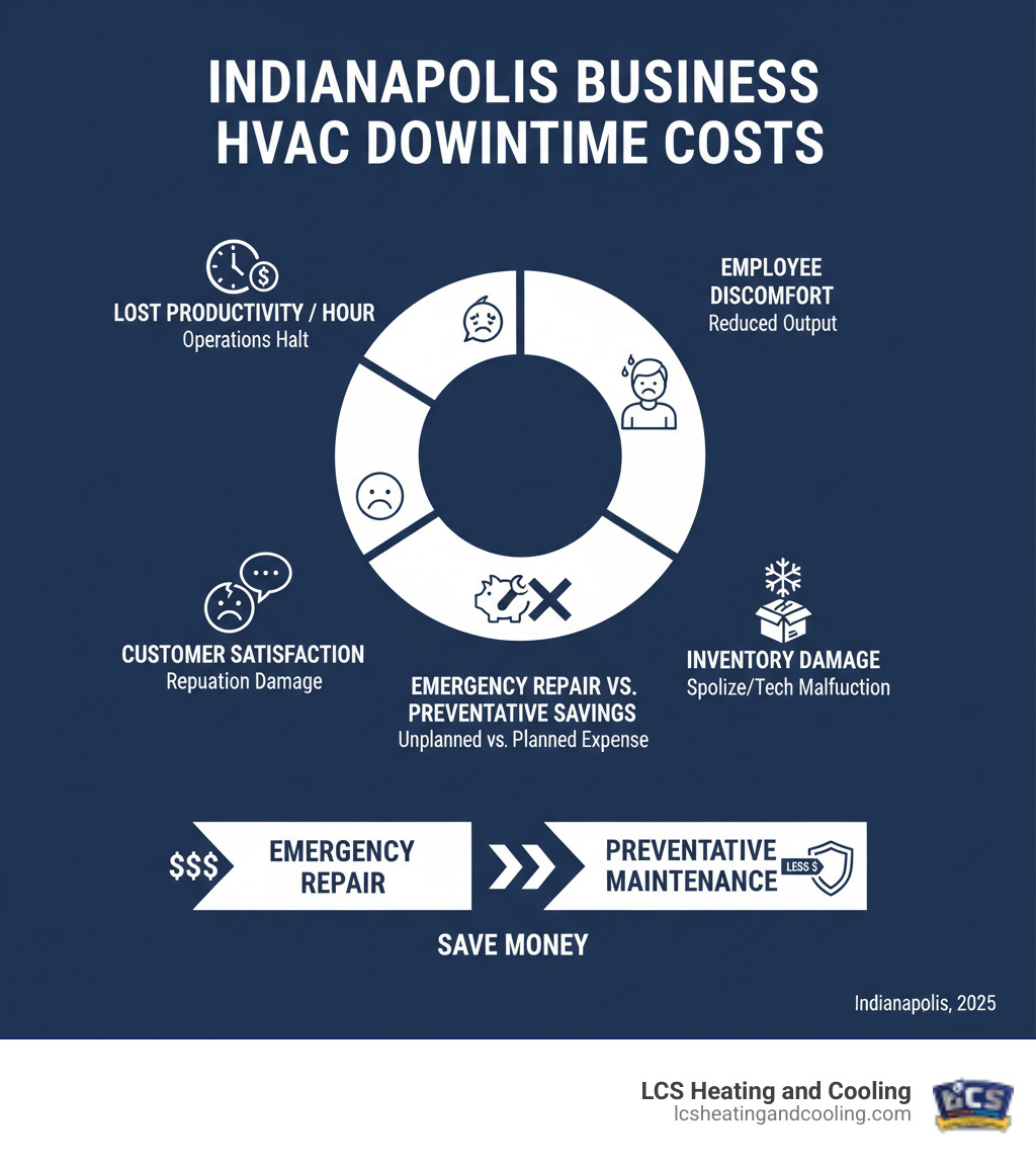 Infographic showing the business costs of commercial HVAC downtime in Indianapolis, including lost productivity per hour, employee discomfort impacts, customer satisfaction decline, potential inventory damage, and emergency repair costs versus preventative maintenance savings - commercial ac repair indianapolis infographic 