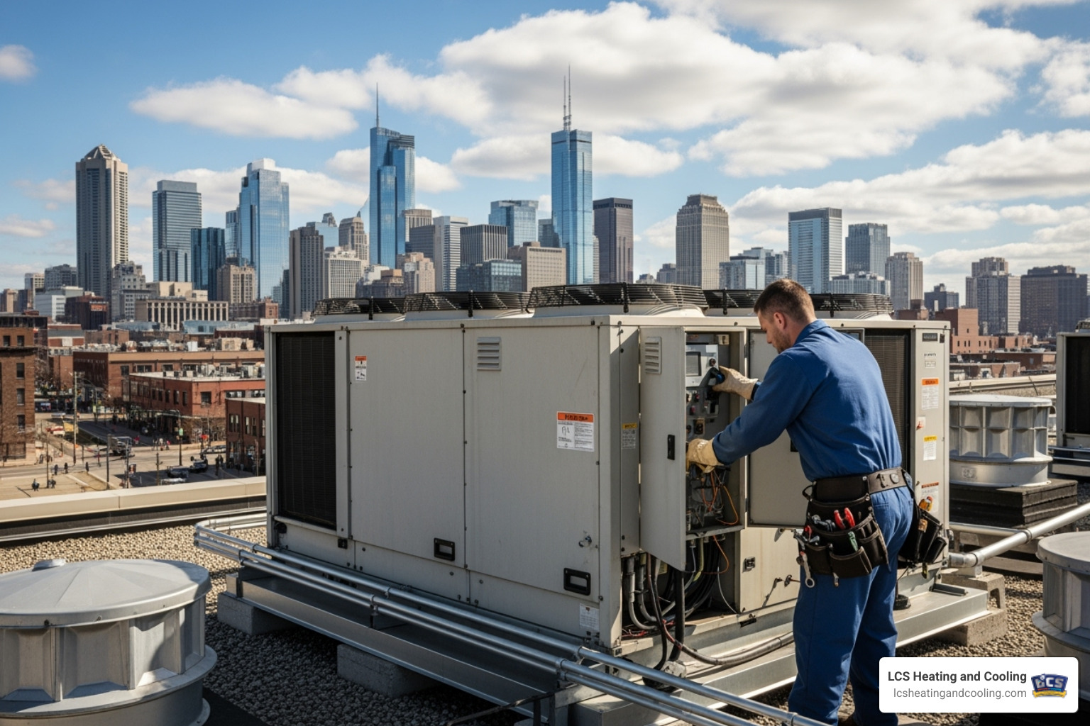 technician performing maintenance on commercial HVAC unit - commercial ac repair indianapolis