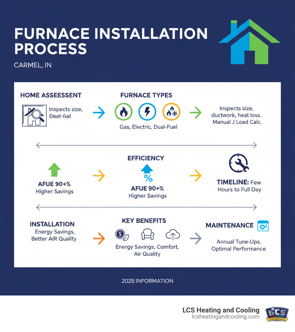 Comprehensive infographic showing the complete furnace installation process in Carmel IN, including home assessment steps, different furnace types (gas, electric, dual-fuel), efficiency ratings (AFUE 90%+), installation timeline (few hours to full day), key benefits (energy savings, improved comfort, better air quality), and maintenance requirements for optimal performance - new furnace install carmel in infographic 