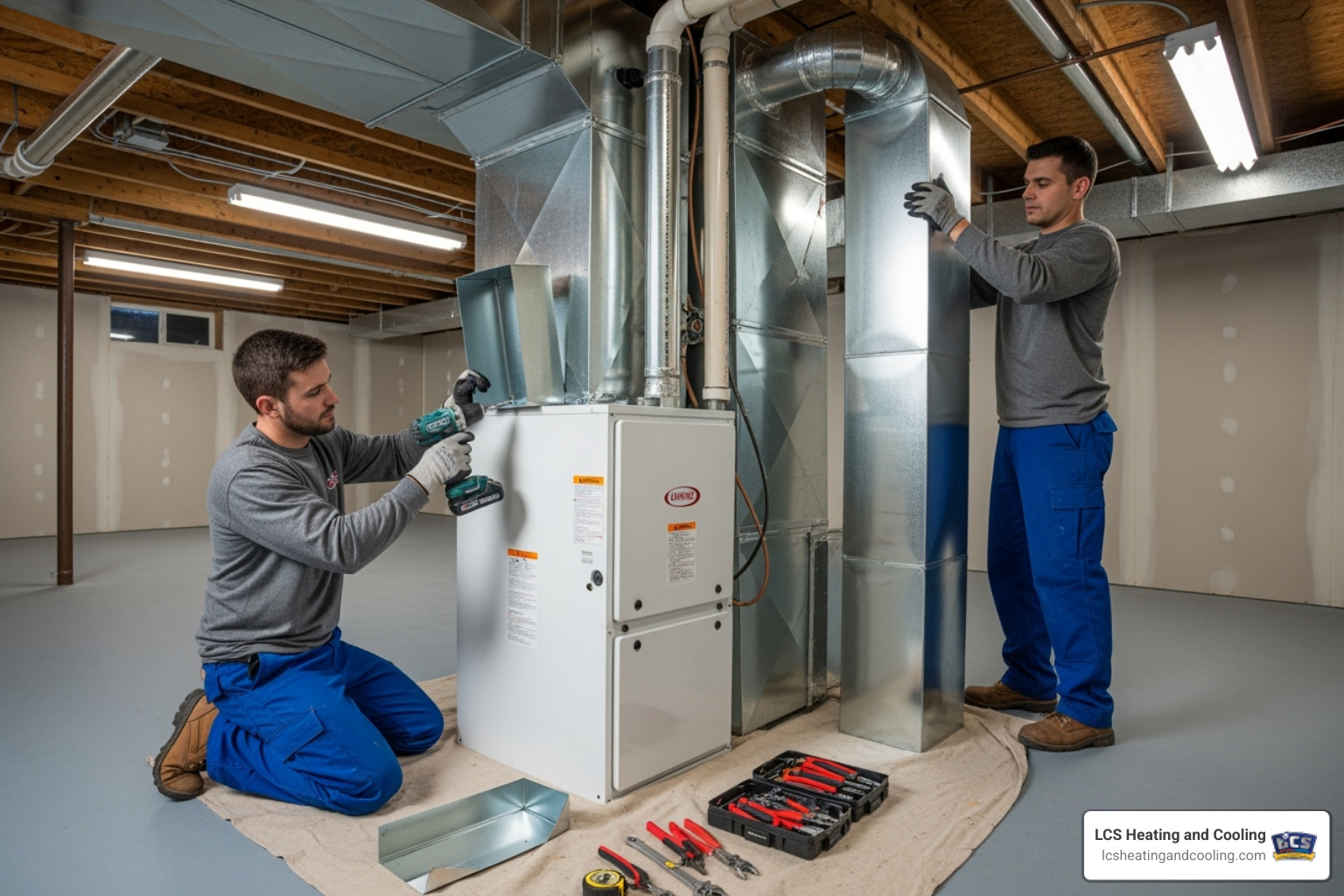 A clean and professional furnace installation in progress with technicians connecting ductwork - new furnace install carmel in