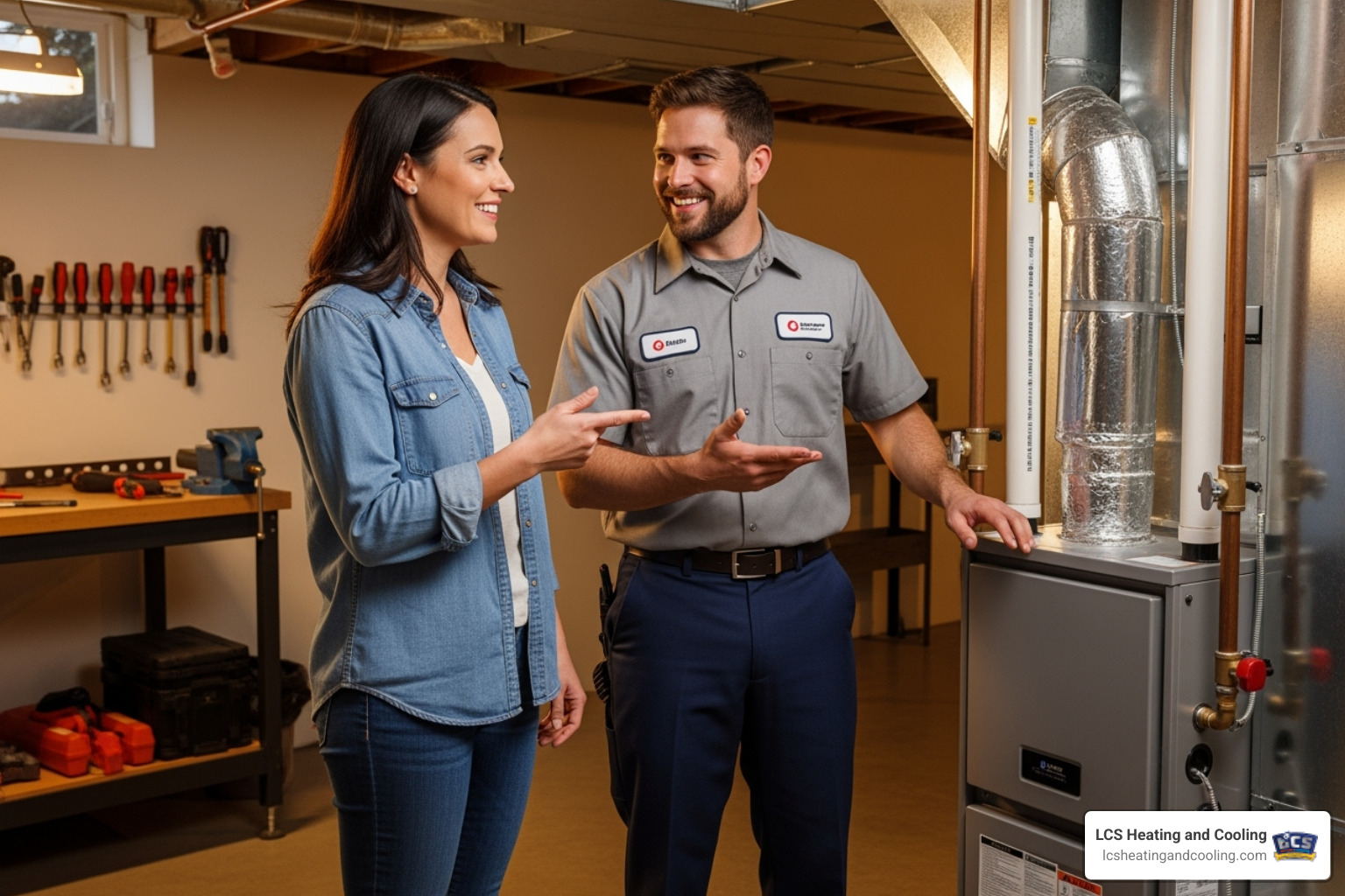 A friendly, certified HVAC technician smiling alongside a happy homeowner, gesturing towards a newly installed furnace. - new furnace install carmel in