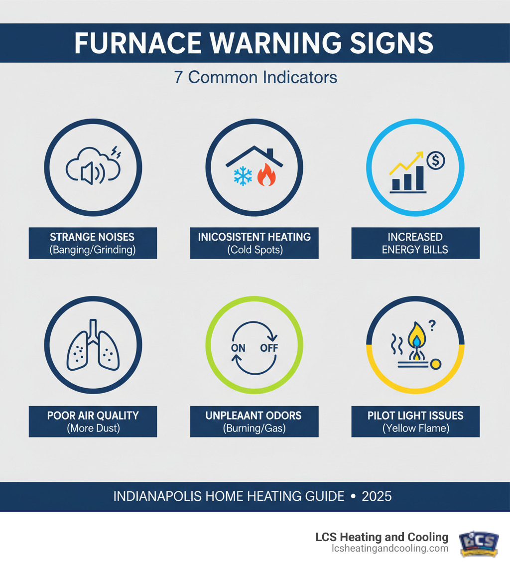 Infographic showing 7 common furnace warning signs: strange noises like banging or grinding, inconsistent heating with cold spots, increased energy bills, poor air quality with more dust, frequent cycling on and off, unpleasant burning or gas odors, and pilot light issues with yellow flames - furnace repair indianapolis infographic 
