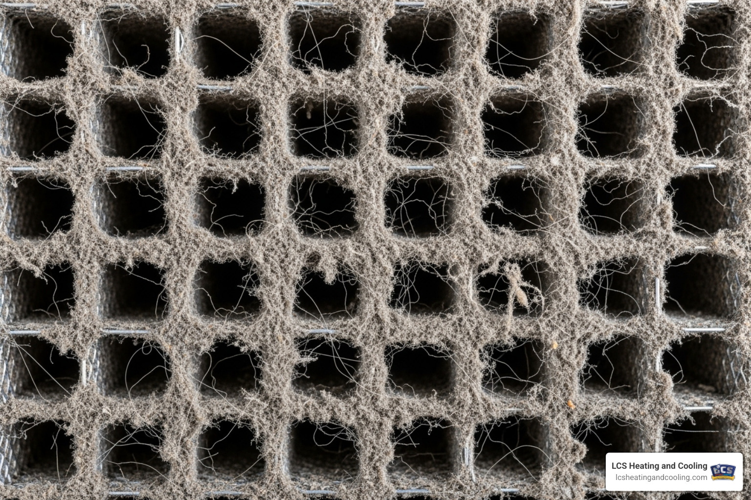 A close-up image of a dirty, clogged furnace air filter, completely covered in dust and debris - furnace repair indianapolis