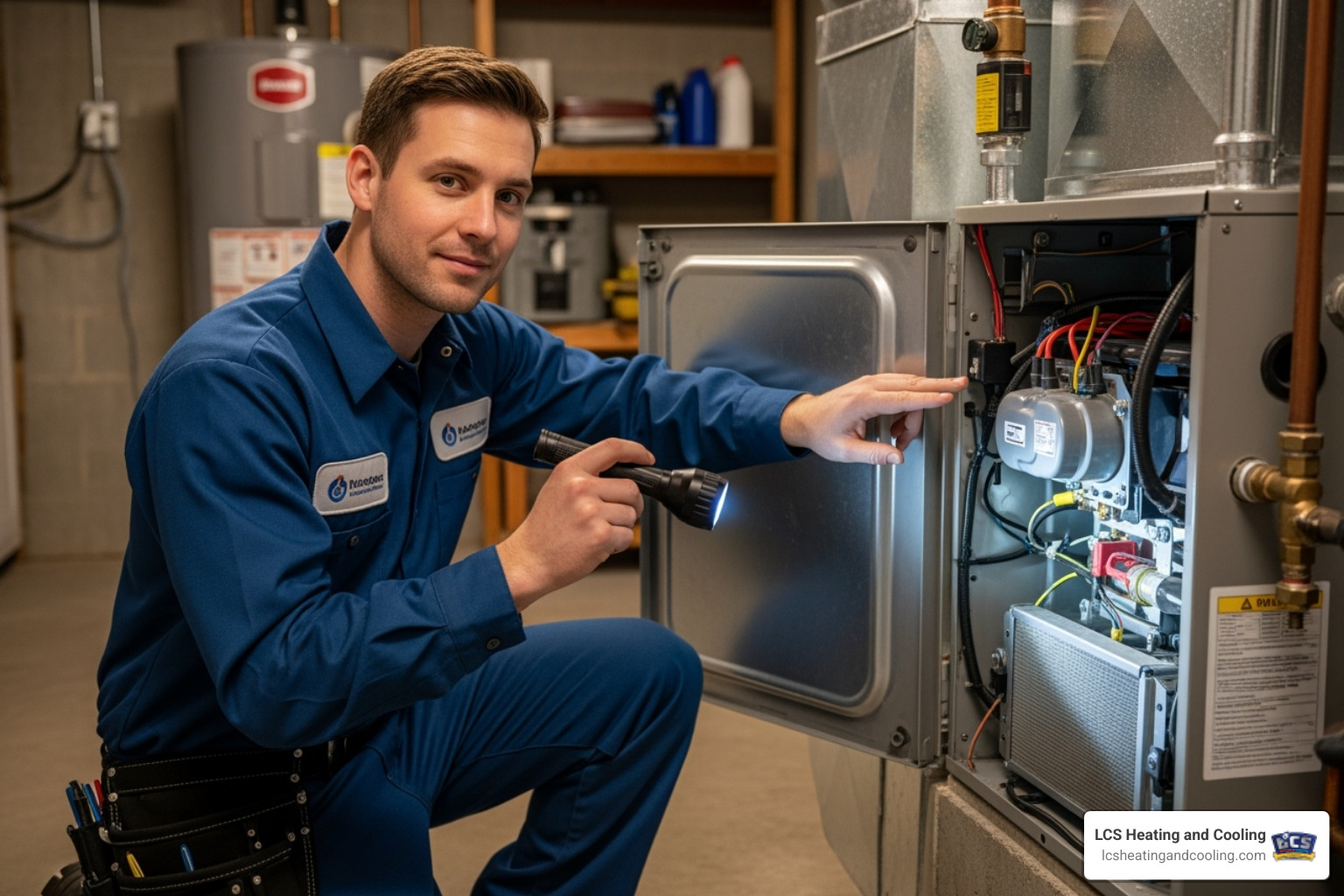 A friendly, professional HVAC technician in a uniform is inspecting the interior components of a residential furnace with a flashlight, looking knowledgeable and reassuring - furnace repair indianapolis