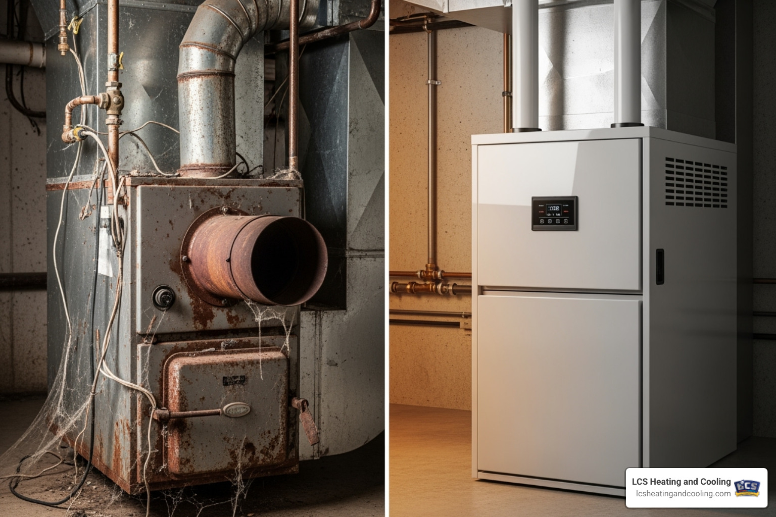 An image comparing a rusty, old, and visibly worn-out furnace on the left with a sleek, modern, and clean new furnace on the right, highlighting the visual difference in age and efficiency - furnace repair indianapolis