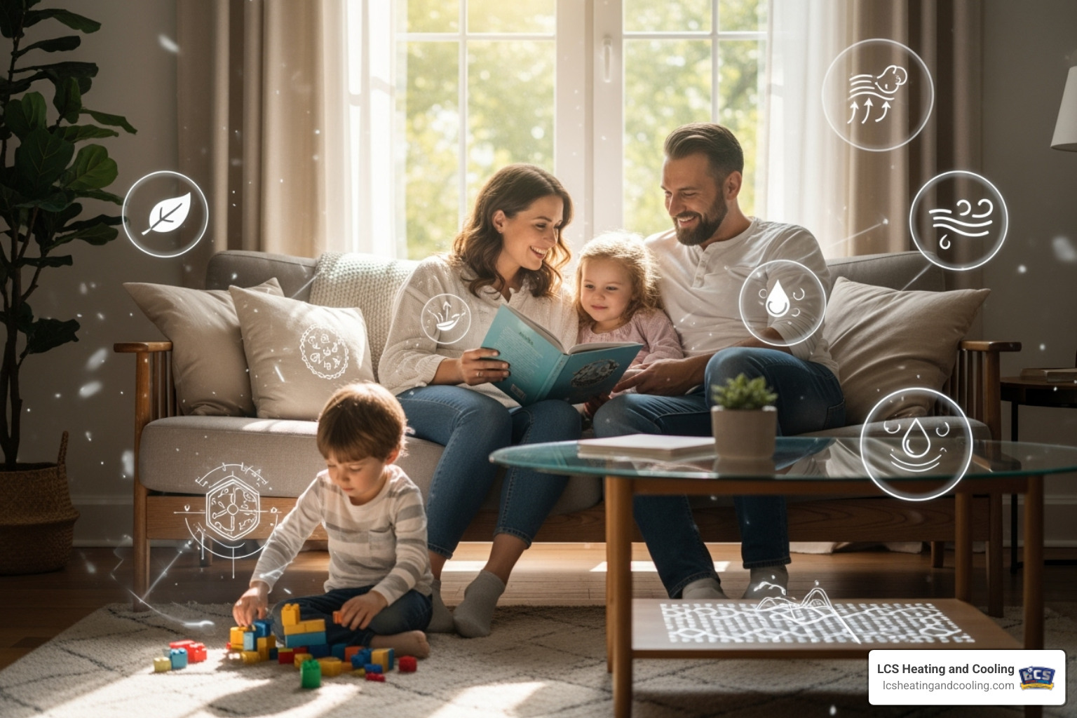 family comfortably enjoying their living room with clean air icons - heat pump installation carmel in family comfortably enjoying their living room with clean air icons - heat pump installation carmel in