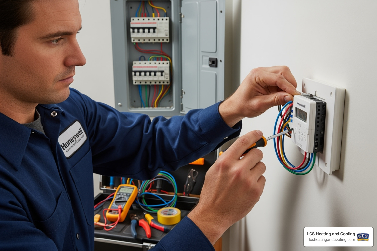 A certified HVAC technician carefully connecting wires to a new Honeywell thermostat wallplate, with tools and an open electrical panel in the background. - honeywell thermostat install carmel in A certified HVAC technician carefully connecting wires to a new Honeywell thermostat wallplate, with tools and an open electrical panel in the background. - honeywell thermostat install carmel in
