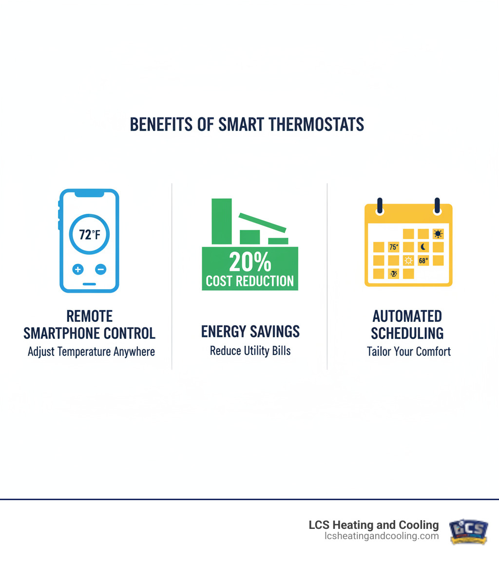 Detailed infographic showing the three main benefits of smart Honeywell thermostats: remote smartphone control with temperature adjustment interface, energy savings chart displaying 20% cost reduction, and automated scheduling calendar with temperature settings throughout the day and week - honeywell thermostat install carmel in infographic  Detailed infographic showing the three main benefits of smart Honeywell thermostats: remote smartphone control with temperature adjustment interface, energy savings chart displaying 20% cost reduction, and automated scheduling calendar with temperature settings throughout the day and week - honeywell thermostat install carmel in infographic