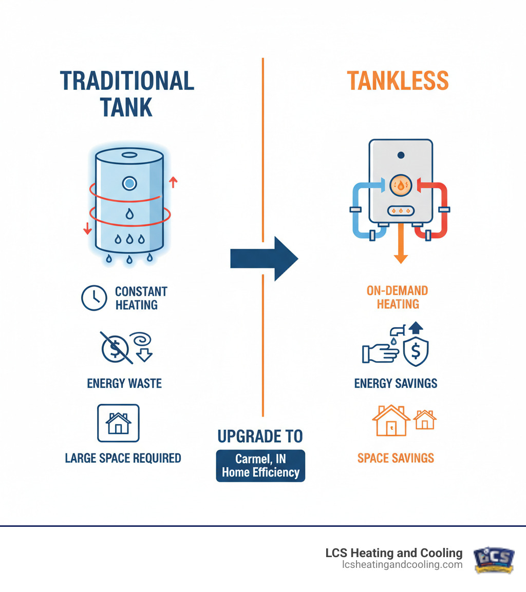 Infographic showing traditional tank water heater with storage tank constantly heating water versus tankless water heater heating water on-demand as it flows through the unit, highlighting energy waste elimination and space savings - tankless water heater install carmel in infographic  Infographic showing traditional tank water heater with storage tank constantly heating water versus tankless water heater heating water on-demand as it flows through the unit, highlighting energy waste elimination and space savings - tankless water heater install carmel in infographic