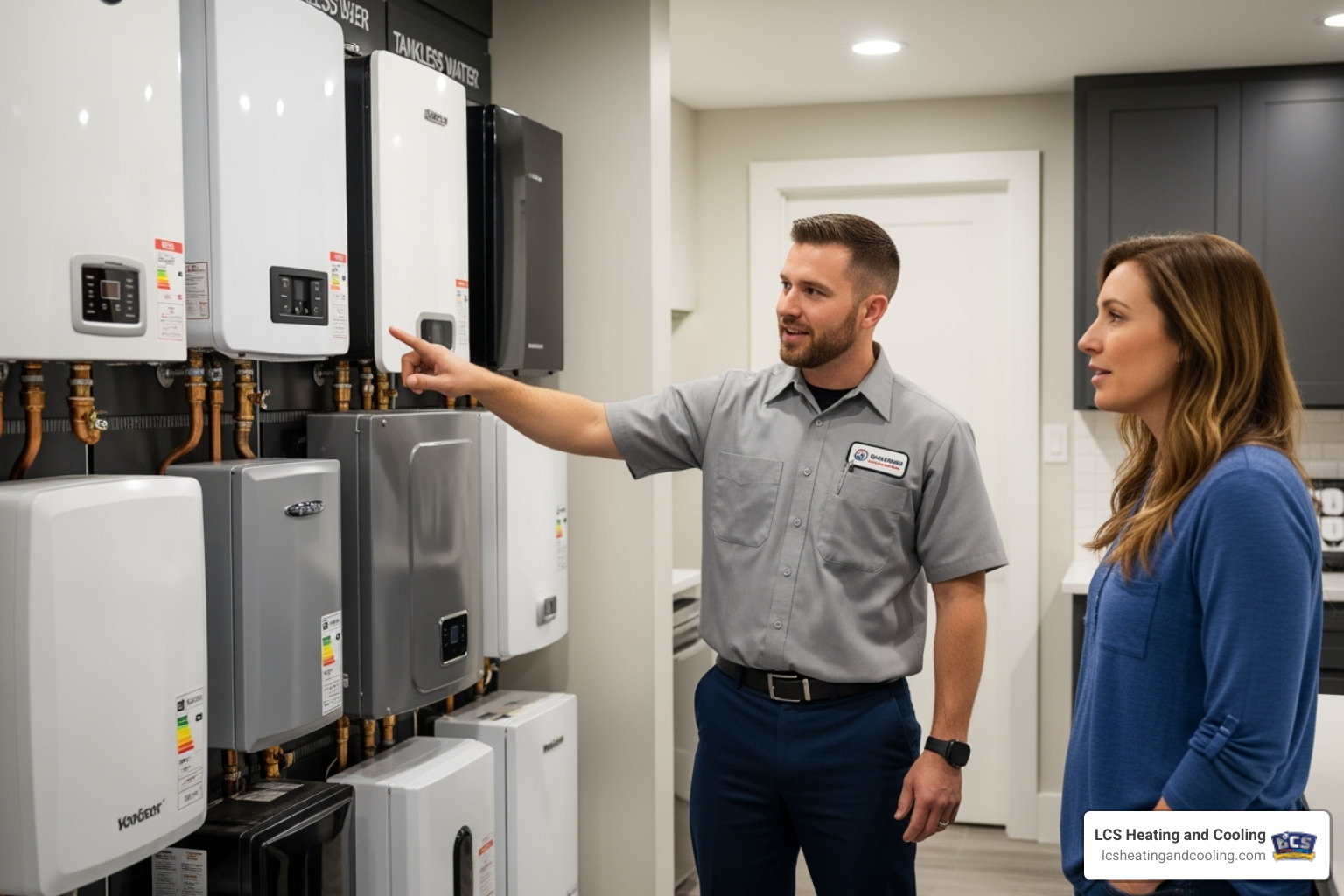 technician showing tankless unit options - tankless water heater install carmel in technician showing tankless unit options - tankless water heater install carmel in
