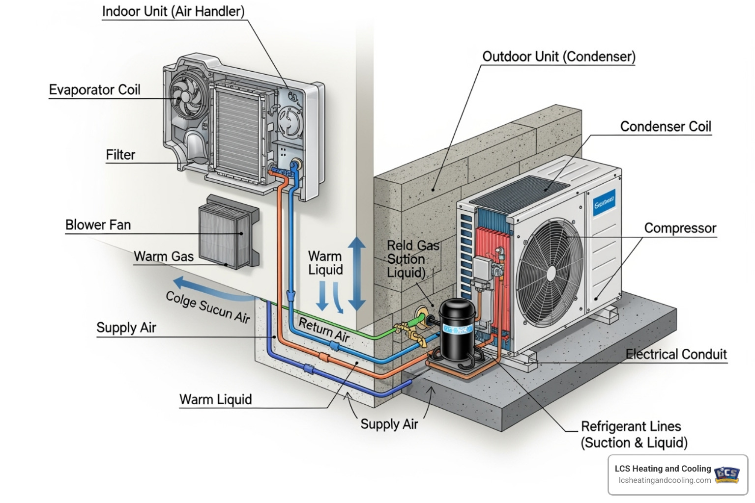 diagram showing the main parts of a split HVAC system (indoor and outdoor units) - cooling system service diagram showing the main parts of a split HVAC system (indoor and outdoor units) - cooling system service
