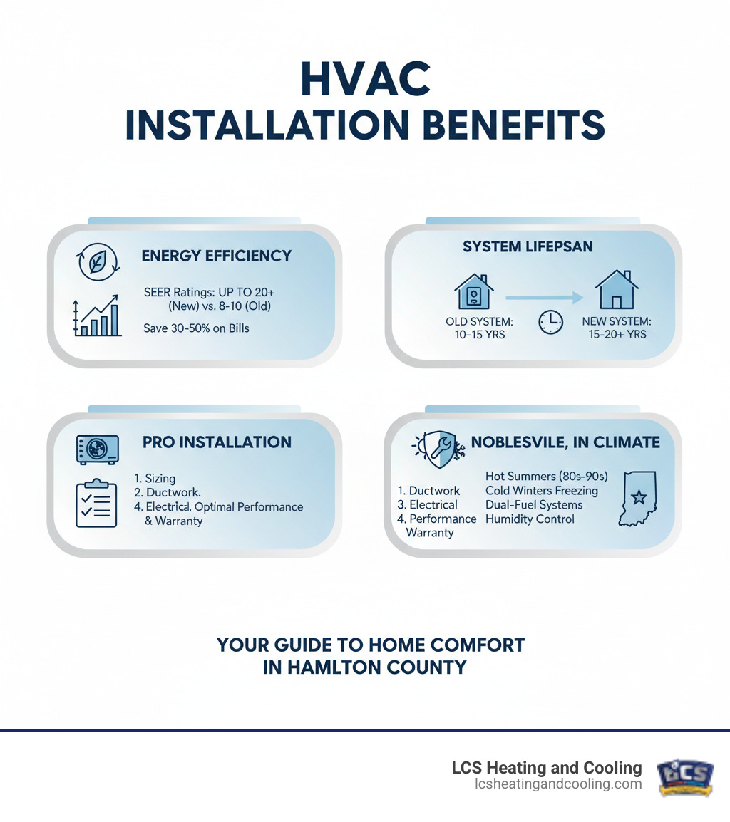 Comprehensive infographic showing HVAC installation benefits including energy efficiency ratings, system lifespan comparison between old and new systems, professional installation steps, and local climate considerations for Noblesville IN - hvac installation noblesville in infographic 