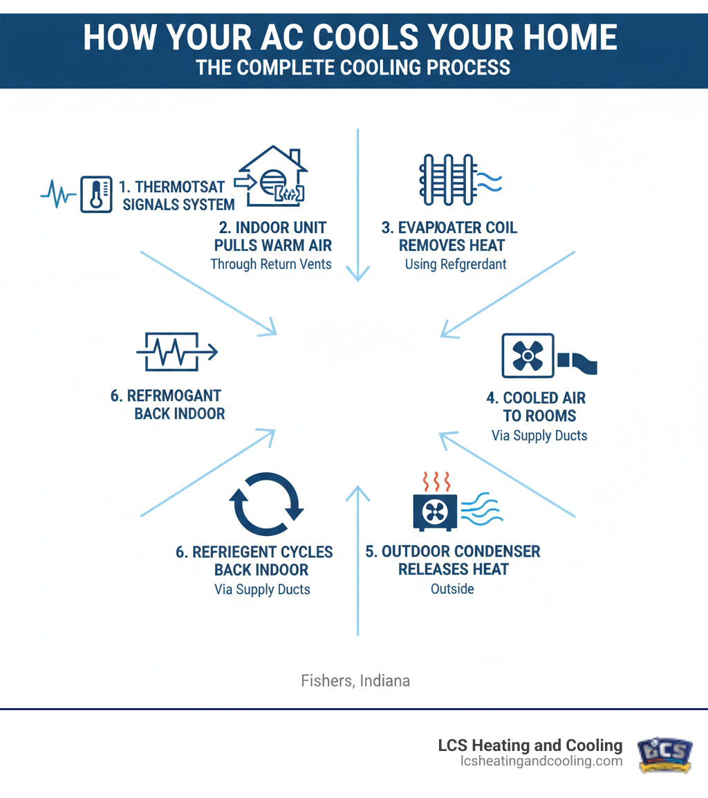 Infographic showing the complete AC cooling process: thermostat signals system, indoor unit pulls warm air through return vents, evaporator coil removes heat using refrigerant, cooled air flows through supply ducts to rooms, outdoor condenser releases heat outside, and refrigerant cycles back to indoor unit - ac not cooling fishers in infographic  Infographic showing the complete AC cooling process: thermostat signals system, indoor unit pulls warm air through return vents, evaporator coil removes heat using refrigerant, cooled air flows through supply ducts to rooms, outdoor condenser releases heat outside, and refrigerant cycles back to indoor unit - ac not cooling fishers in infographic