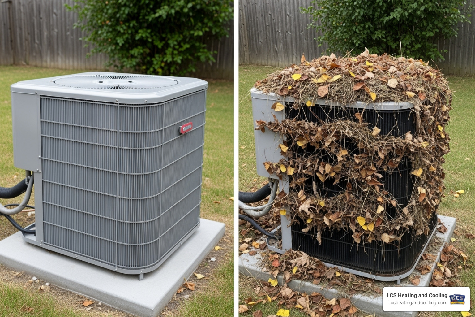 an outdoor AC condenser unit clear of debris vs. one covered in leaves - ac not cooling fishers in an outdoor AC condenser unit clear of debris vs. one covered in leaves - ac not cooling fishers in