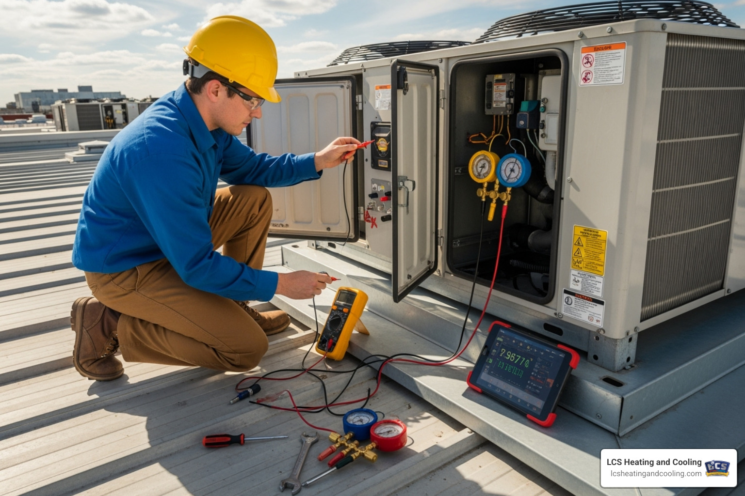 technician performing diagnostic on commercial rooftop unit - commercial heating repair fishers in