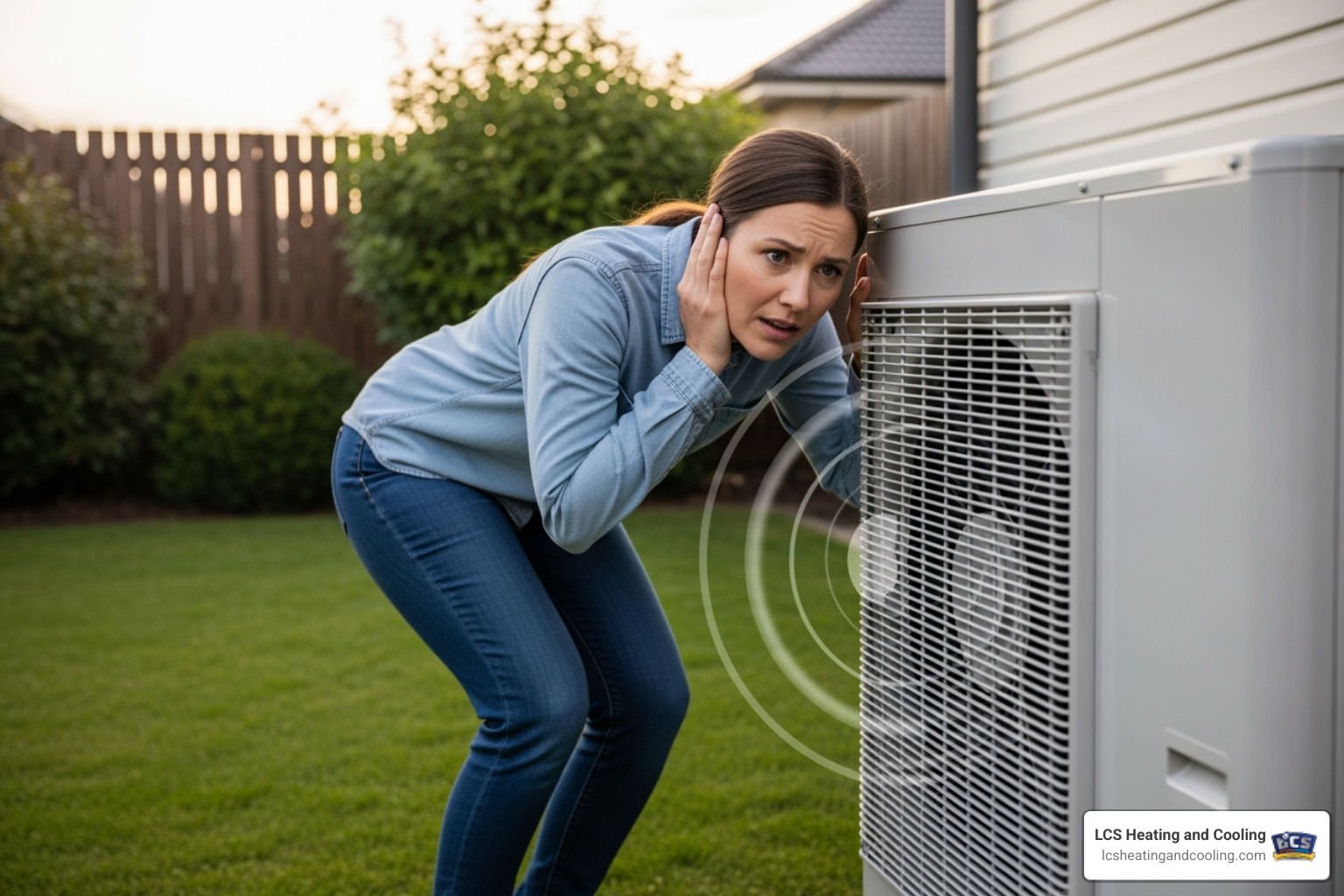 homeowner listening to noisy outdoor heat pump unit - heat pump maintenance fishers in