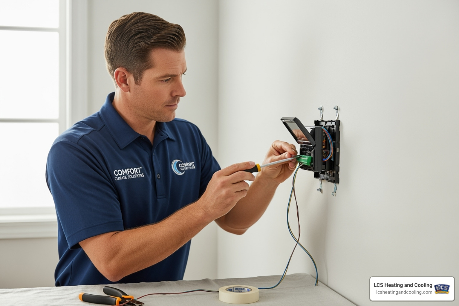 A professional HVAC technician neatly installing a smart thermostat on a wall, ensuring proper wiring and a clean finish - smart thermostat installation indianapolis