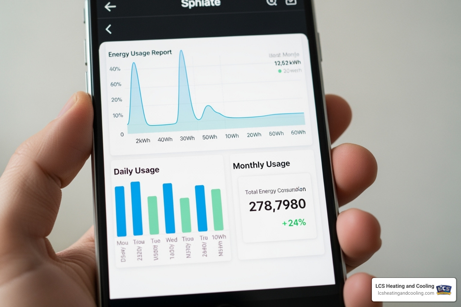 A smartphone displaying an energy usage report from a smart thermostat app, showing daily and monthly consumption data - smart thermostat installation indianapolis