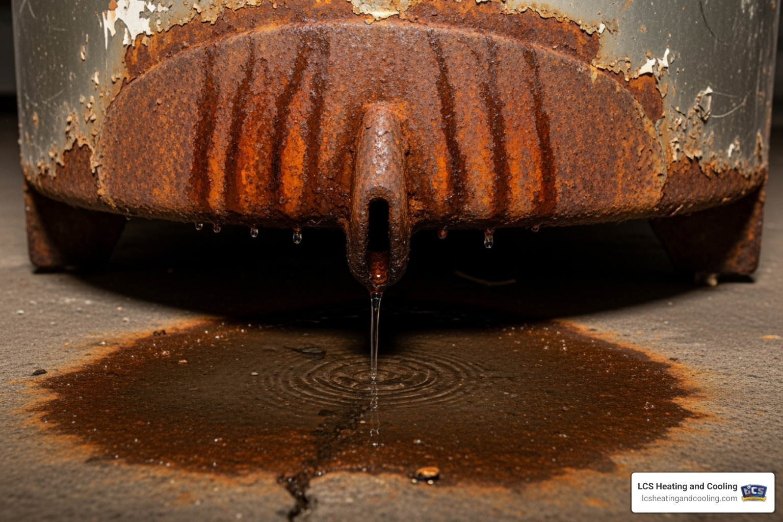 of a corroded and leaking old water heater tank base - water heater installation indianapolis
