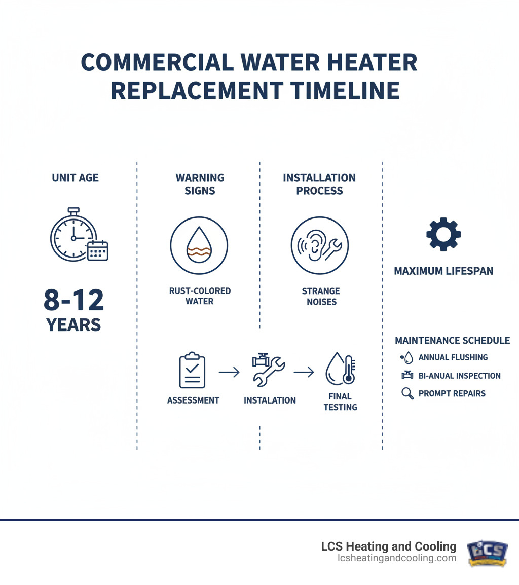 Infographic showing commercial water heater replacement timeline: Unit age 8-12 years, warning signs like rust-colored water and strange noises, installation process from assessment to final testing, and maintenance schedule for maximum lifespan - water heater installation indianapolis infographic 