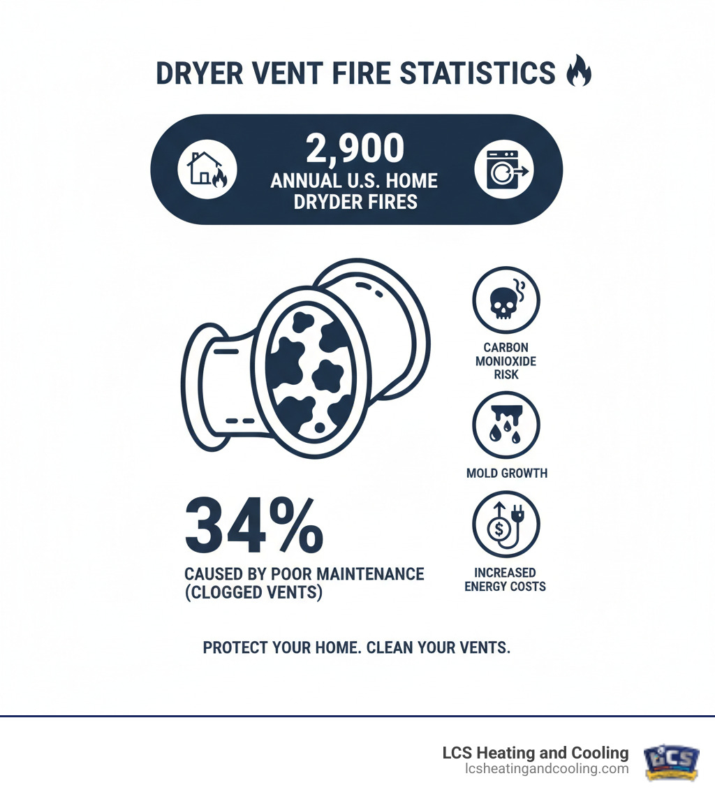 Infographic showing dryer vent fire statistics with clogged vents as the leading cause, displaying 2,900 annual fires, 34% caused by poor maintenance, and the risks of carbon monoxide, mold growth, and increased energy costs - dryer vent cleaning carmel in infographic 