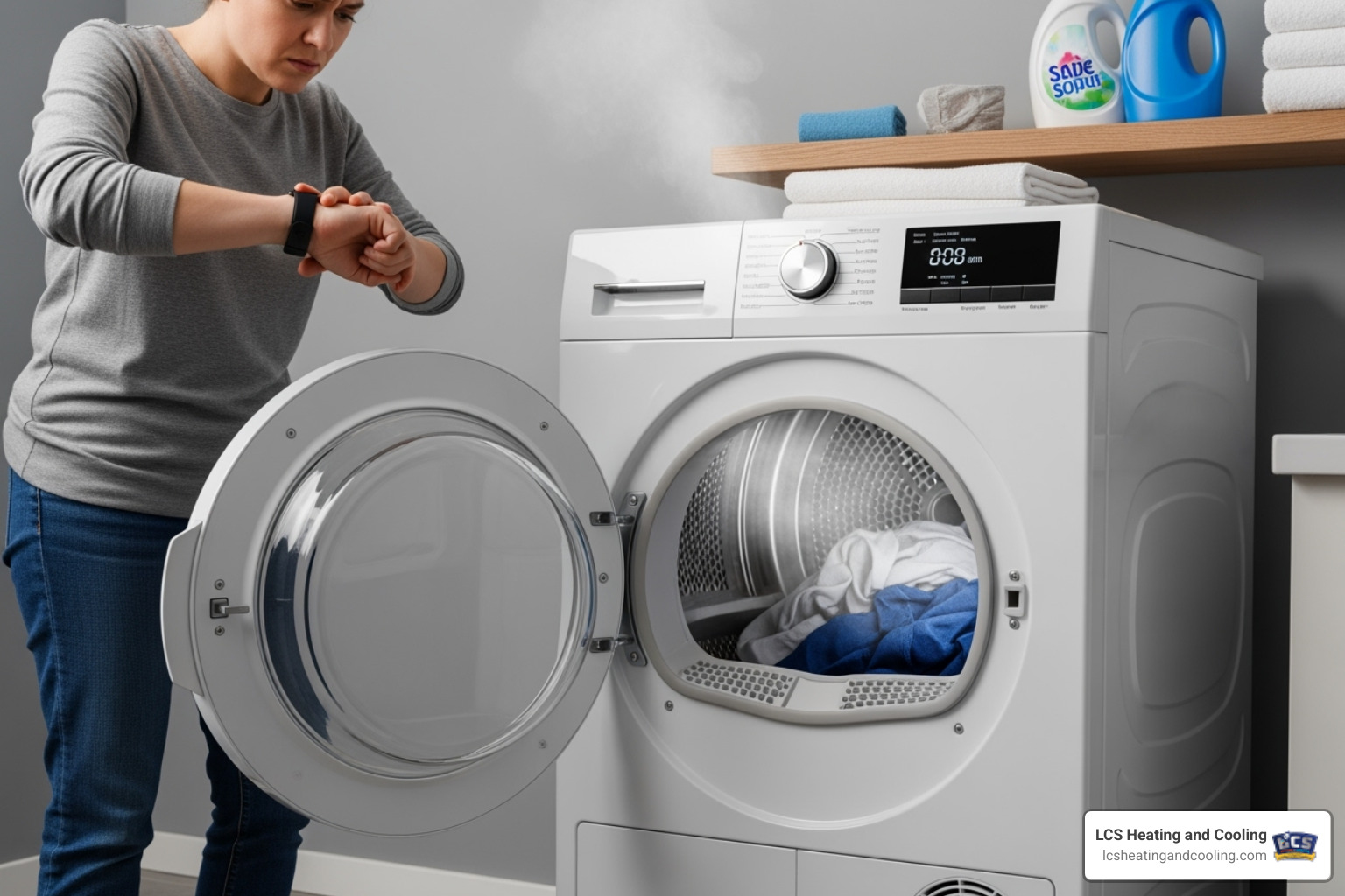 Image of a homeowner looking at their watch with frustration as the dryer runs, or noticing the exterior of the dryer is very hot. - dryer vent cleaning carmel in