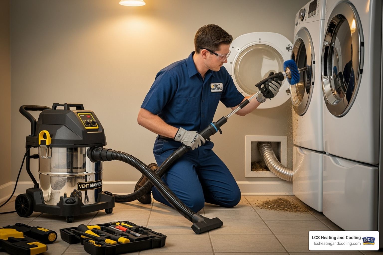 Image of a professional technician using a specialized rotary brush and high-powered vacuum system on a dryer vent line. - dryer vent cleaning carmel in