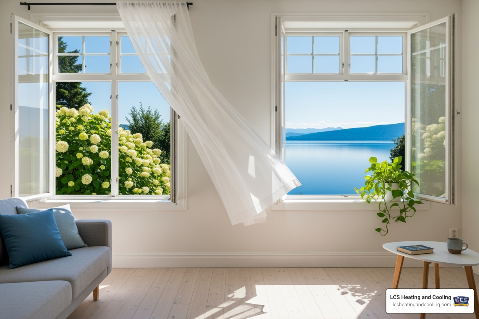 Open windows on opposite sides of a room showing cross-ventilation - clean air circulation