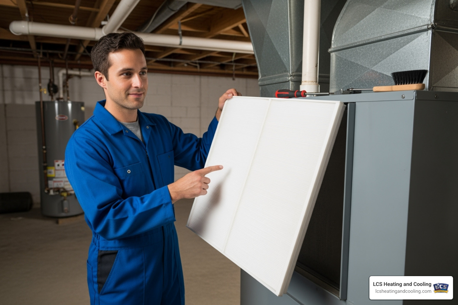 A technician pointing to a clean HVAC filter - clean air circulation