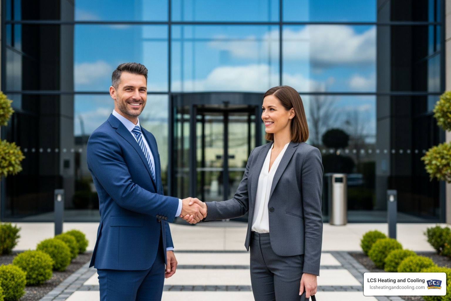 professionals shaking hands in front of commercial building - ac repair indianapolis