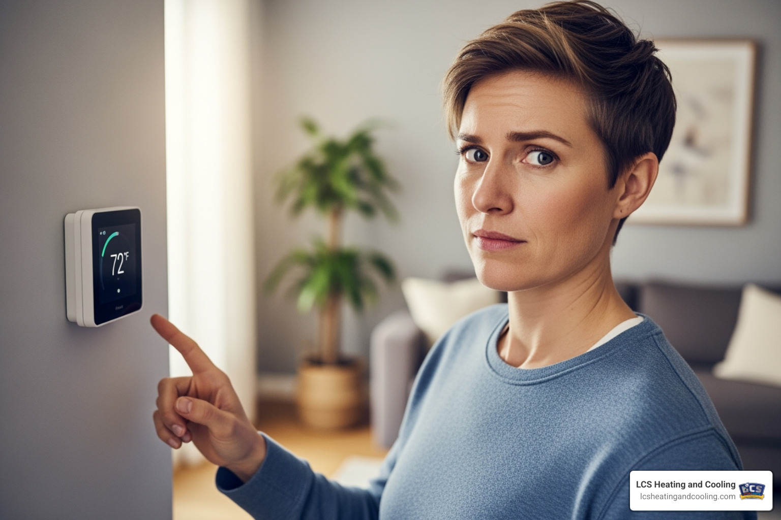 Homeowner looking quizzically at their thermostat - heat pump repair indianapolis Homeowner looking quizzically at their thermostat - heat pump repair indianapolis