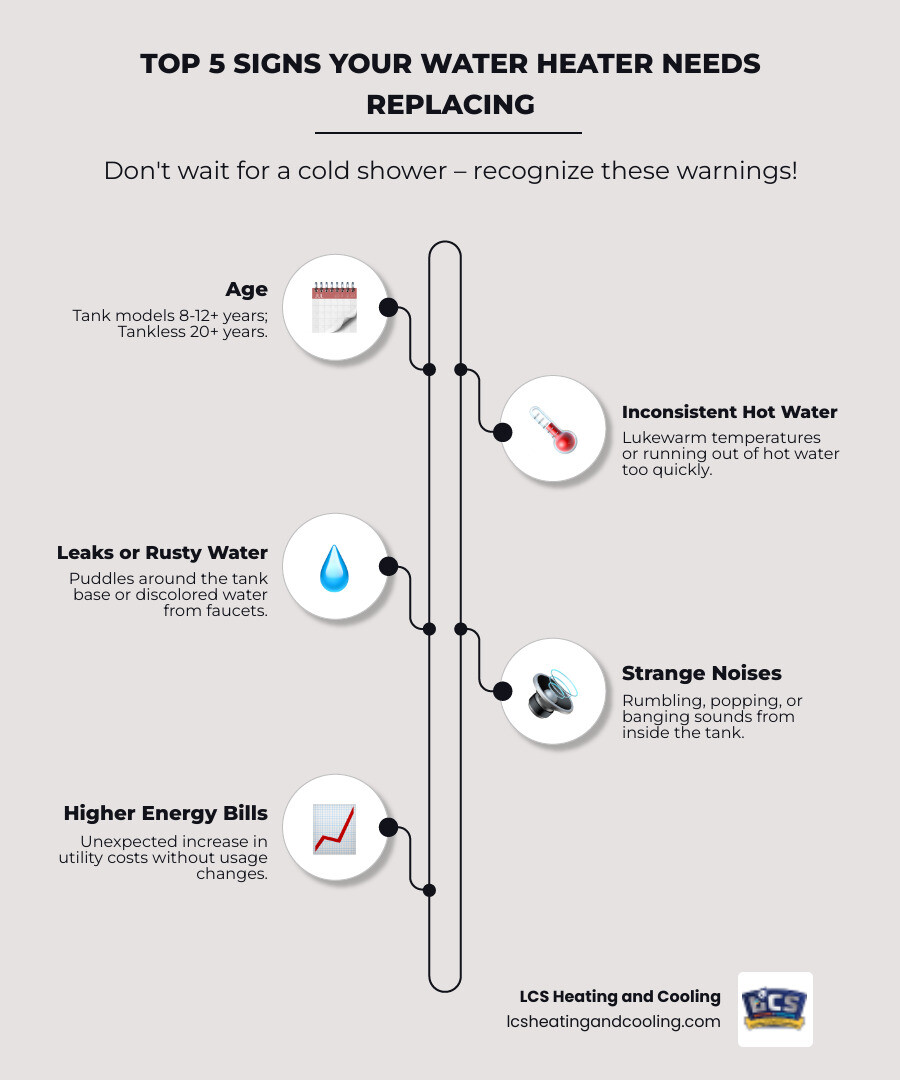Infographic showing the 5 key warning signs that indicate your water heater needs replacement: Age over 10 years with calendar icon, rusty water coming from faucet, rumbling and popping noises with sound waves, water leaks pooling at base, and inconsistent temperature with thermometer showing fluctuating readings - water heater replacement noblesville in infographic infographic-line-5-steps-neat_beige Infographic showing the 5 key warning signs that indicate your water heater needs replacement: Age over 10 years with calendar icon, rusty water coming from faucet, rumbling and popping noises with sound waves, water leaks pooling at base, and inconsistent temperature with thermometer showing fluctuating readings - water heater replacement noblesville in infographic infographic-line-5-steps-neat_beige