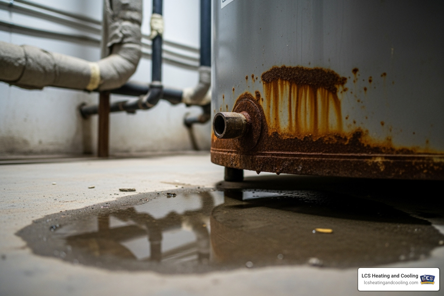 Rusty water heater tank base with a small puddle - water heater replacement noblesville in Rusty water heater tank base with a small puddle - water heater replacement noblesville in