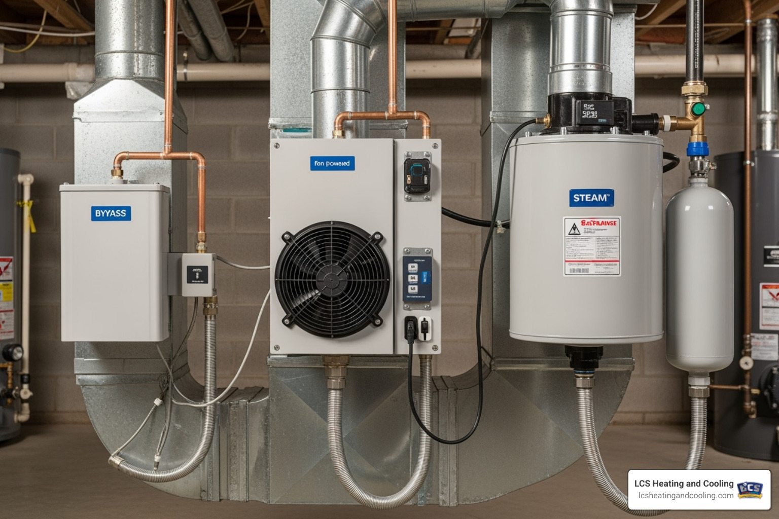 Three types of whole-house humidifiers side-by-side, showcasing a bypass, a fan-powered, and a steam humidifier - furnace humidifier installation Three types of whole-house humidifiers side-by-side, showcasing a bypass, a fan-powered, and a steam humidifier - furnace humidifier installation