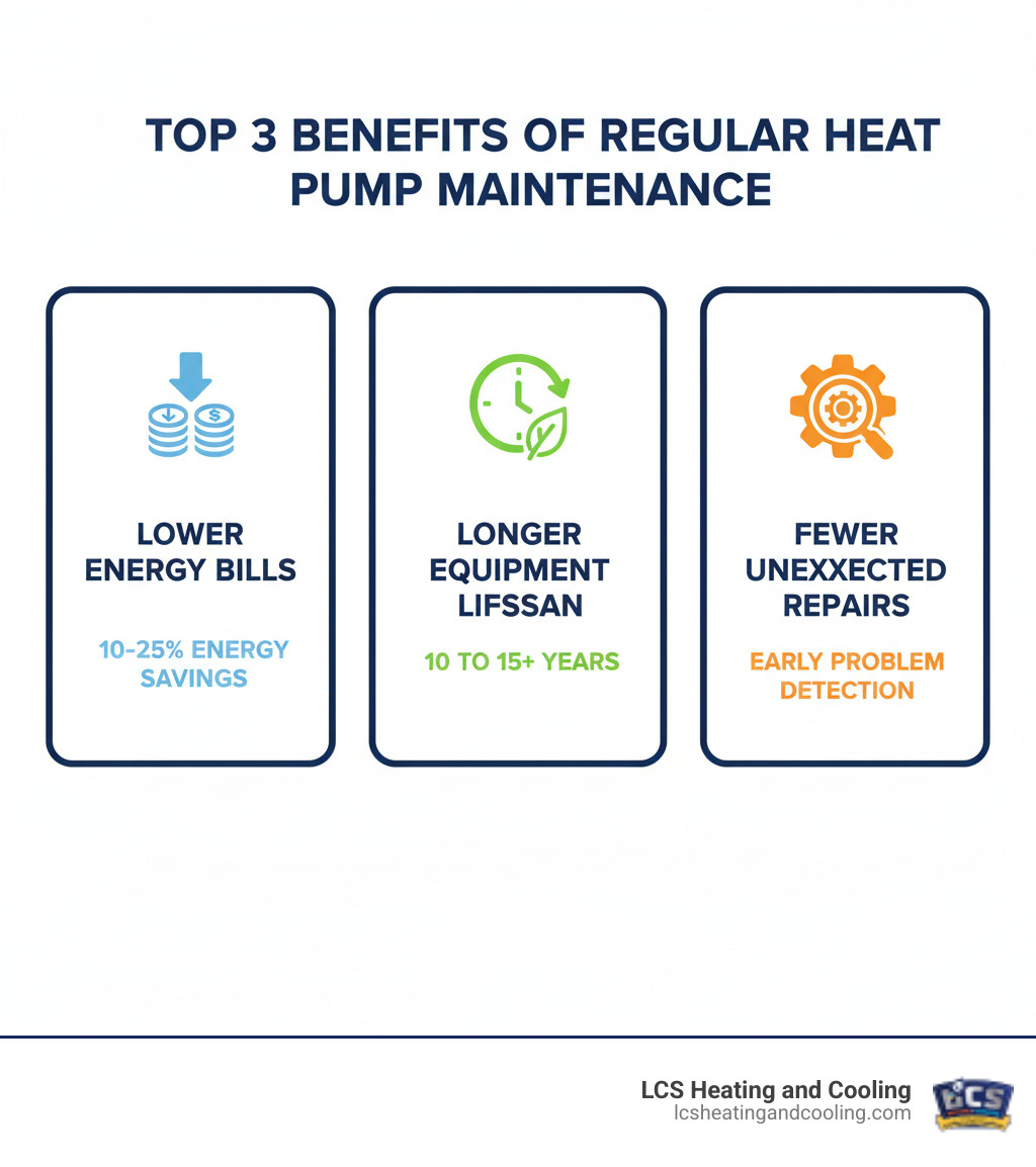 Infographic showing the top 3 benefits of regular heat pump maintenance: 1. Lower energy bills with 10-25% energy savings, 2. Longer equipment lifespan extending from 10 to 15+ years, 3. Fewer unexpected repairs with early problem detection - heat pump maintenance plan infographic  Infographic showing the top 3 benefits of regular heat pump maintenance: 1. Lower energy bills with 10-25% energy savings, 2. Longer equipment lifespan extending from 10 to 15+ years, 3. Fewer unexpected repairs with early problem detection - heat pump maintenance plan infographic