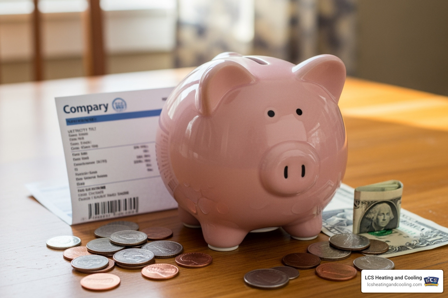 a piggy bank next to an energy bill showing savings - heat pump maintenance plan a piggy bank next to an energy bill showing savings - heat pump maintenance plan