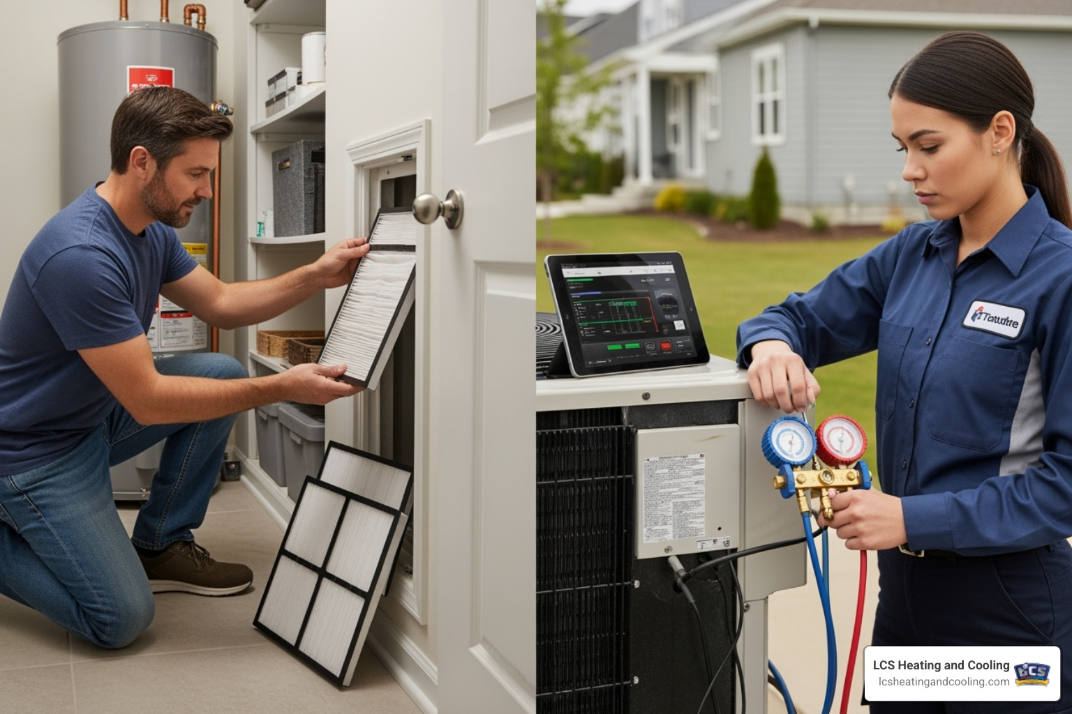 a homeowner changing a filter to a technician with diagnostic tools - heat pump maintenance plan a homeowner changing a filter to a technician with diagnostic tools - heat pump maintenance plan