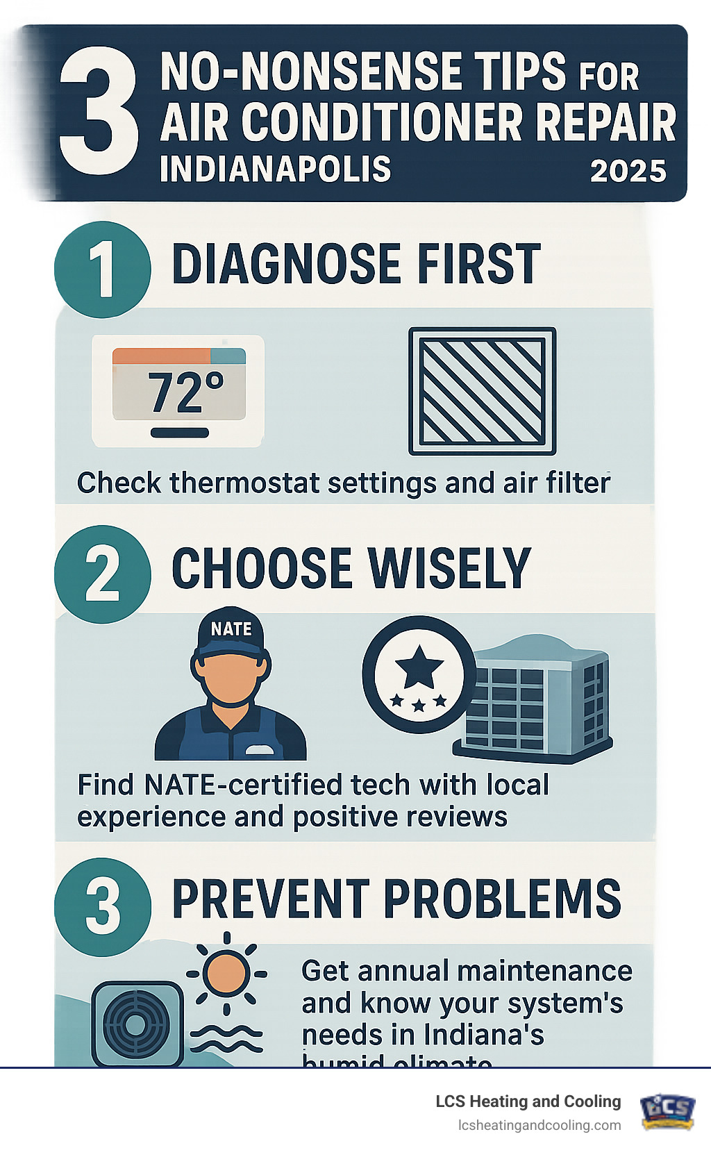 Infographic showing three key steps for AC repair success: Step 1 - Diagnose the problem with basic checks like thermostat settings and air filter inspection, Step 2 - Choose a qualified NATE-certified technician with local Indianapolis experience and positive reviews, Step 3 - Prevent future issues through annual maintenance and understanding your system's specific needs in Indiana's humid climate - air conditioner repair indianapolis infographic 